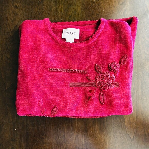 JENNY SIZE M RED FLORAL SWEATER PULL OVER, LONG SLEEVE, VERY SOFT, NICE DESING. - Picture 11 of 11